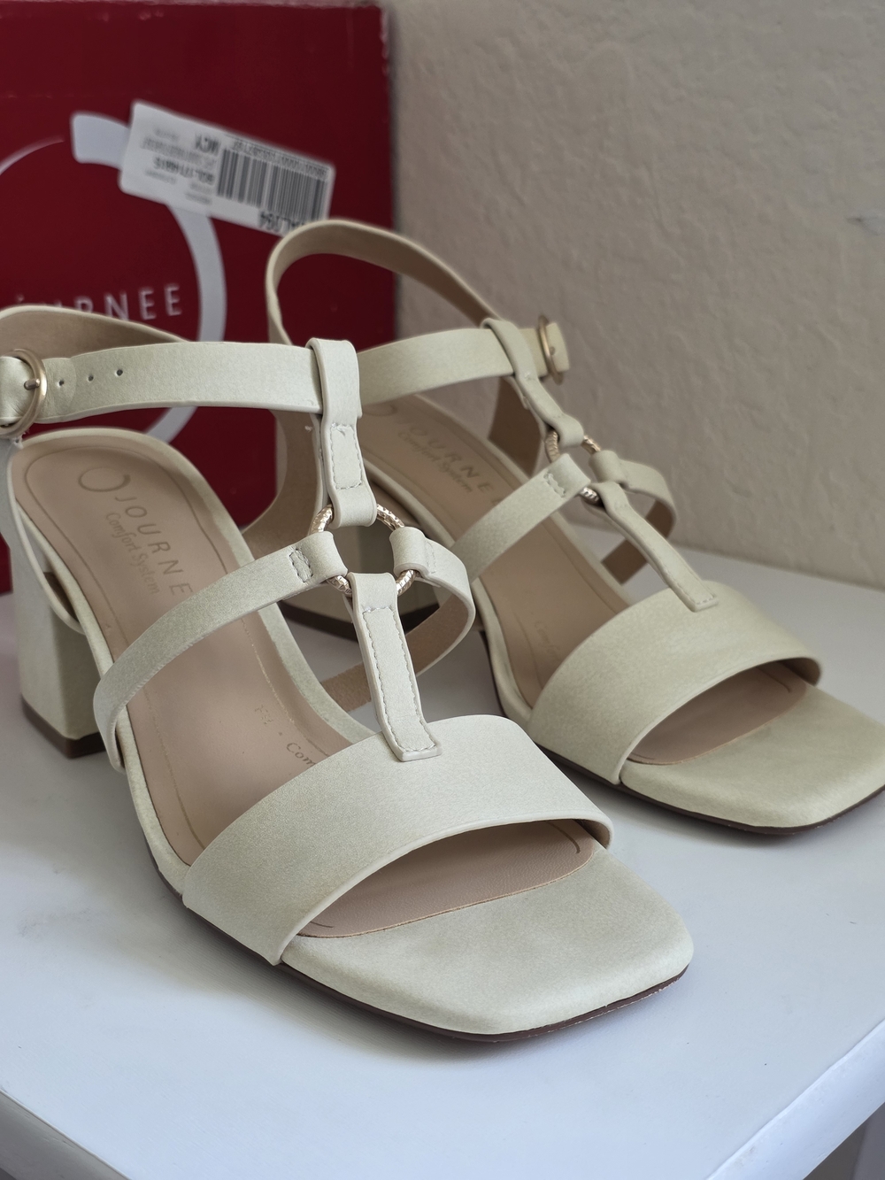 Journee Collection Cream Block Heel Sandals Merisol Heels, Bone Size 8.5